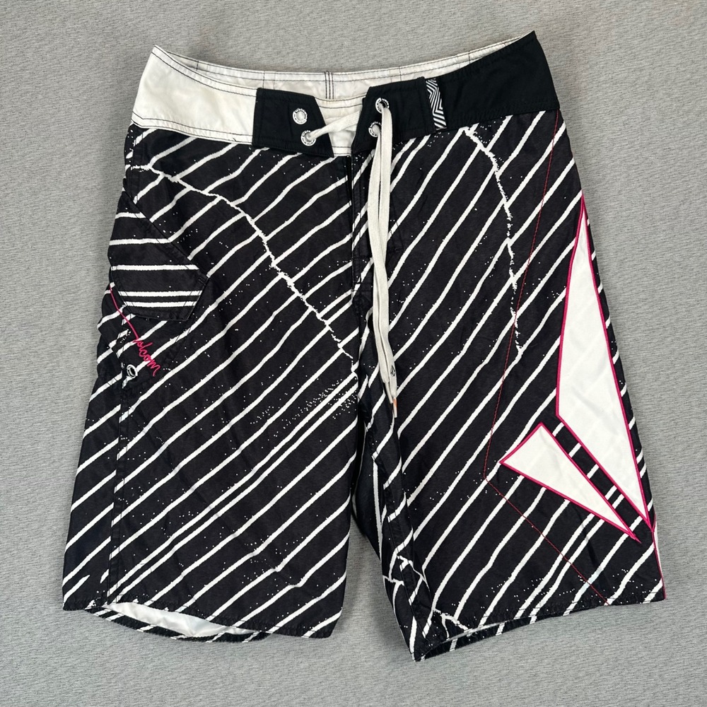 Y2K Volcom Foster Too Mod Board Shorts Men 29 Black White Striped Embroidered